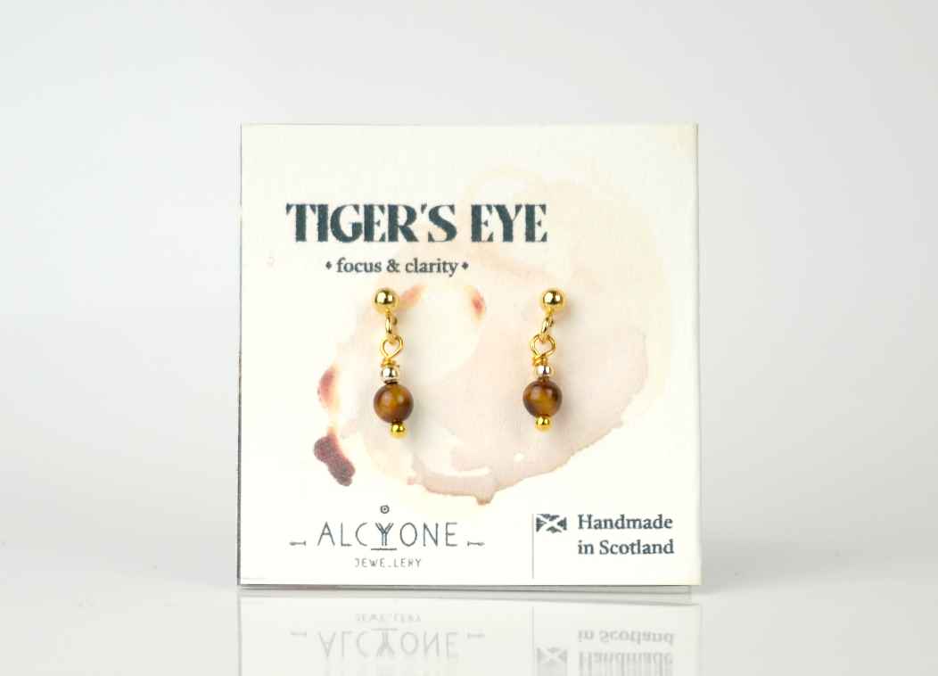Tiny Tiger’s Eye Earrings | Dainty Crystal for Courage and Strength