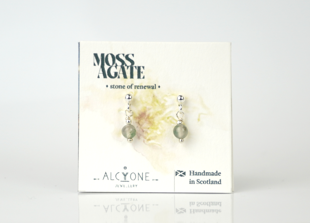 Tiny Moss Agate Earrings | Dainty Crystal for Balance and New Beginnings