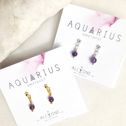Two pairs of tiny and cute amethyst earrings, one with silver and the other with gold. Each features a single 4mm round amethyst gemstone dangling from a silver or gold ball earstud. Presented on two small square cards with 'Aquarius' and 'Amethyst' written on them, along with the Alcyone Jewellery logo